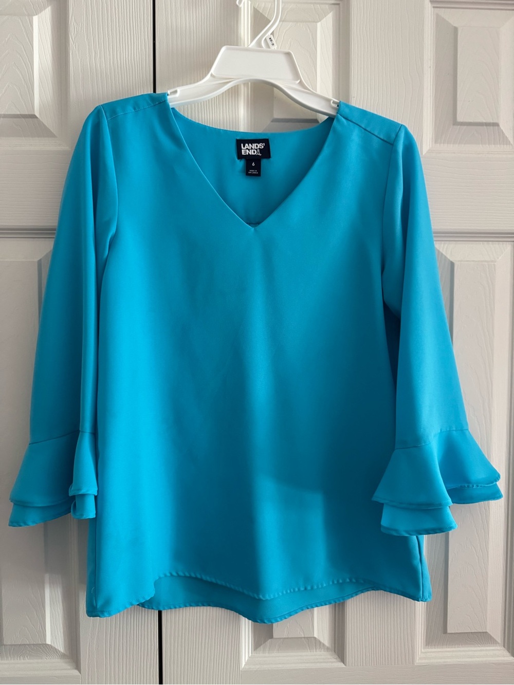 Lands' End Women's Bright Teal V-Neck Blouse with Ruffle Sleeves